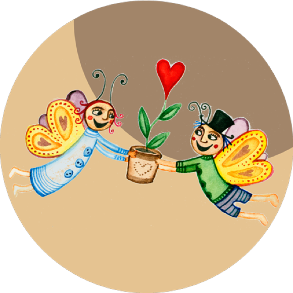 Ein Elternpaar mit Flügeln trägt gemeinsam einen blühenden Blumentopf – Symbol für Fürsorge, Wachstum und Zusammenhalt.
