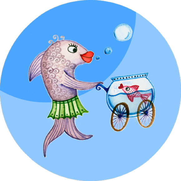 Eine Frau mit Fischschwanz schiebt sanft einen Kinderwagen über eine Wasserfläche – märchenhafte Szene zwischen Mutterschaft und Meereswelt.