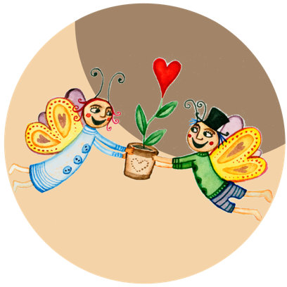 Zwei Figuren mit Schmetterlingsflügeln halten gemeinsam einen Blumentopf mit einer Pflanze, aus der ein rotes Herz wächst.