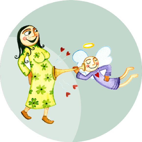 Kindlicher Engel mit kleinen, hellen Flügeln hält ein Stethoskop an den schwangeren Bauch einer lächelnden Mutter und lauscht liebevoll.