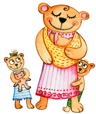 Illustration von drei Bären, einer großen Bärin in einem Kleid mit zwei kleinen Bären, einer hält ein Spielzeug, der andere umarmt die Bärin.