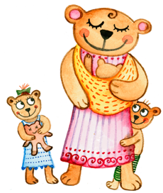 Illustration von drei Bären, einer großen Bärin in einem Kleid mit zwei kleinen Bären, einer hält ein Spielzeug, der andere umarmt die Bärin.