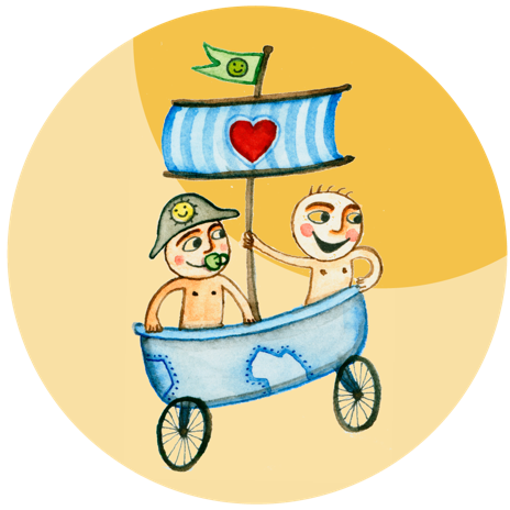 Zwei cartoonartige Figuren in einem blauen Wagen mit Rädern, einem Segel mit Herz und einer Flagge.