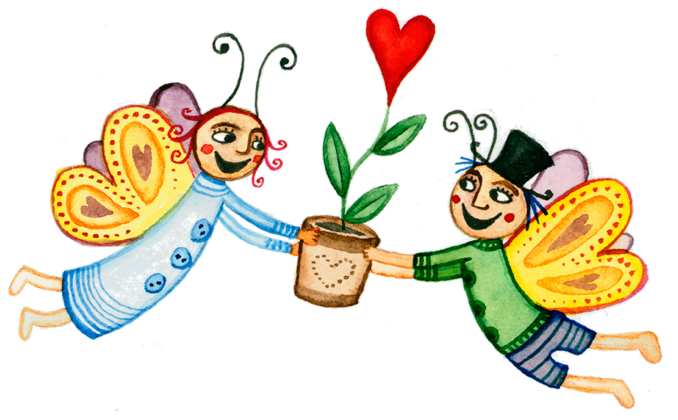Zwei gezeichnete Figuren mit Schmetterlingsflügeln halten gemeinsam einen Blumentopf mit einer Pflanze, aus der ein rotes Herz wächst.