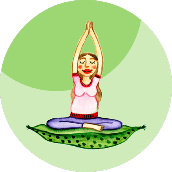 Illustration einer Person, die im Schneidersitz auf einem grünen Kissen sitzt, mit erhobenen Armen, vor einem grünen Hintergrund.