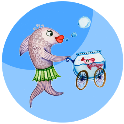 Ein Fisch mit Rock schiebt ein Aquarium auf Rädern, in dem ein kleinerer Fisch schwimmt, vor einem blauen Hintergrund.