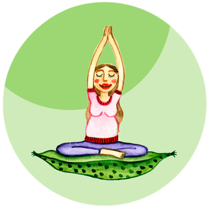 Illustration einer Person, die im Schneidersitz auf einem grünen Kissen sitzt, mit erhobenen Armen, vor einem grünen Hintergrund.