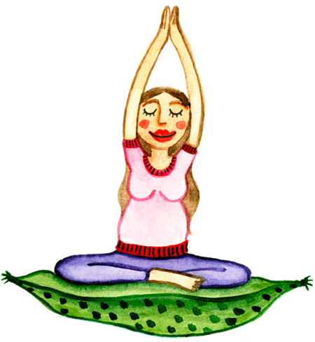 Illustration einer Person im Schneidersitz auf einem grünen Kissen, die Arme nach oben gestreckt.