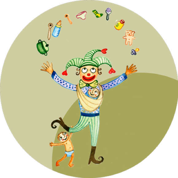 Illustration eines bunt gekleideten Clowns, der jongliert, mit einem Baby in einem Tragetuch und einem kleinen Kind, das an seinem Bein hängt.